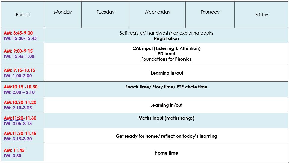 Nursry timetable for website